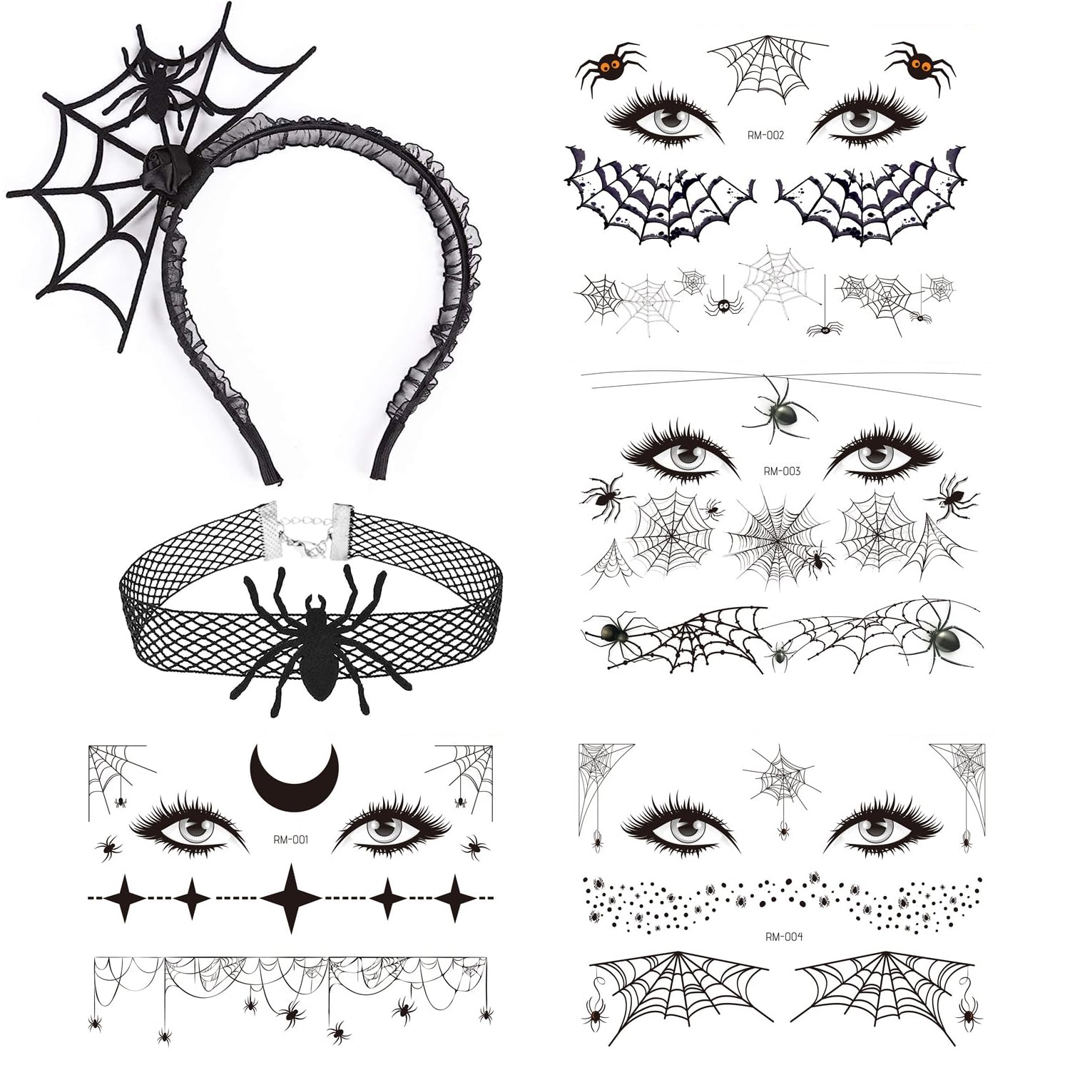 XINDY Halloween Spider Hair Hoop Spider Web Headband Devil Headband Spider Headpiece Choker Necklace Spider Webs Face Tattoos Stickers for Women Girls Halloween Costume Cosplay Accessories