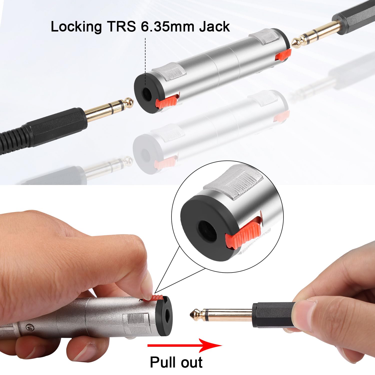 QIANRENON Locking 1/4 TRS 6.35mm Female to Female Stereo Adapter Extender Socket Locked 3 Pole Thru Connector, for Expanding TRS/TS Audio Coupler