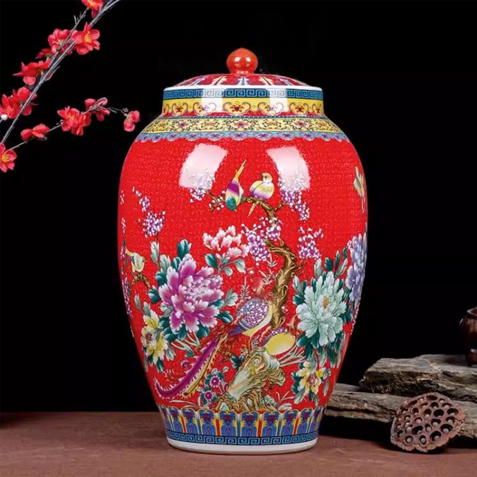 Ceramic Rice Bucket Grain Dispenser With Lid Household Rice Storage Barrel 10kg Ceramic coffee Bucket Large Rice Jar Grain Storage Bin Chinese Design Multifunctional tank For Beans Corns C 10KG