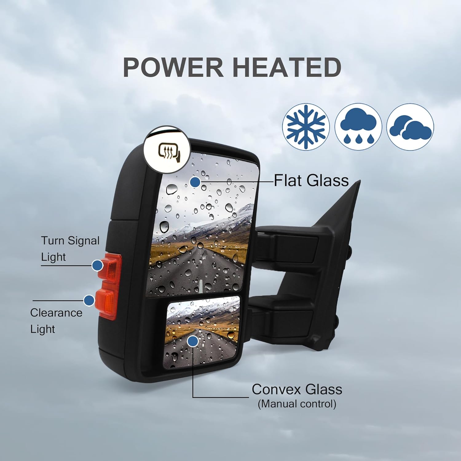 Passenger Right Side Towing Mirrors fit for 1999-2016 Ford F250 F350 F450 F-550 Super Duty Power Heated Amber LED Turn Signal Lamp Auxiliary Light Temperature Sensor Pickup Truck RH Black