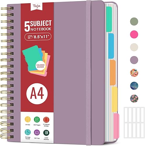 Miniatura 1 de Cuadernos grandes con forro en espiral para trabajar con divisores y pestañas extraíbles, cuaderno de 5 asignaturas de tapa dura de 8.5 x 11
