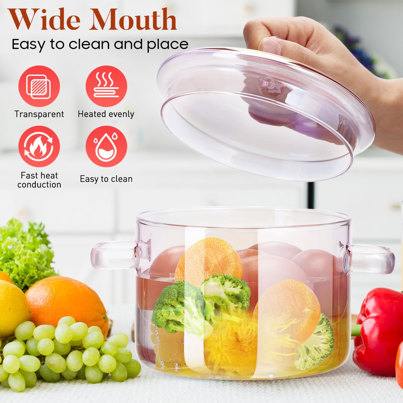 Happyyami Cacerola de Cristal Con Tapa - Olla Multifuncional para Sopa, Pasta, Fideos, Verduras, Carne - Compatible Con Inducción