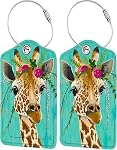 2 Étiquettes de bagages Pack Travel Stamp, Mignon PU Cuir pour valises avec housse et boucle en acier inoxydable, style passeport rétro TSA Identification approuvée pour Cruise (Giraffe)