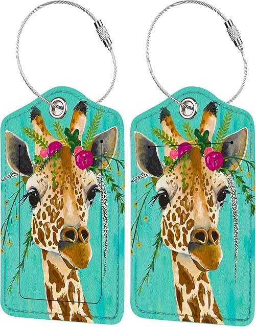 2 Étiquettes de bagages Pack Travel Stamp, Mignon PU Cuir pour valises avec housse et boucle en acier inoxydable, style passeport rétro TSA Identification approuvée pour Cruise (Giraffe)