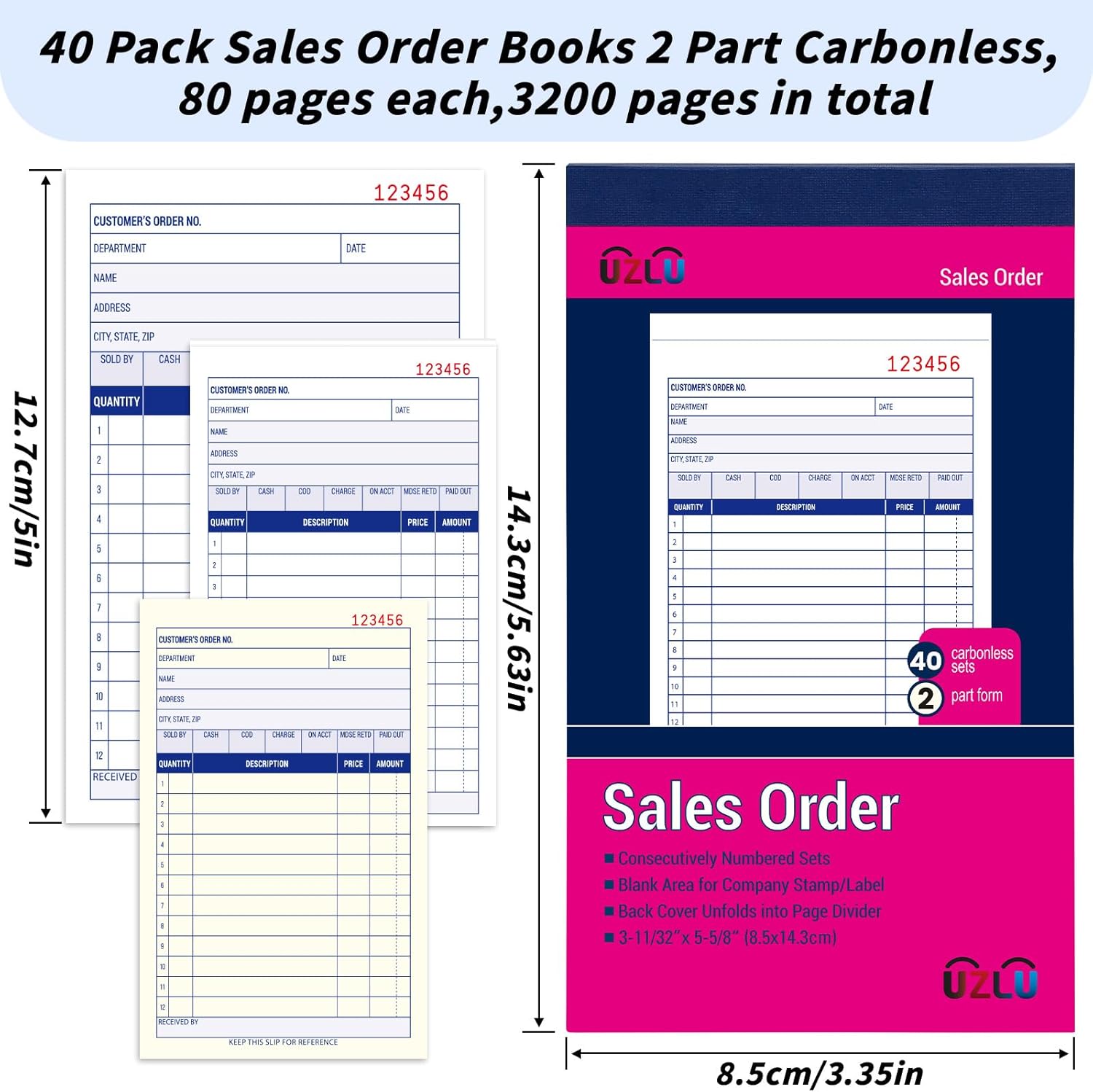 40 Pack Sales Order Book Bulk, 2-Part Carbonless Receipt Form Invoice, White/Yellow, 3-11/32x5-5/8 lnches, General Purpose Sales Book for Small Businesses and Service Providers, 40 Sets per Book