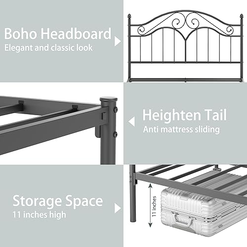 Miniatura 6 de Elephance Estructura de Cama de Metal Tamaño Completo con Cabecera Vintage, Plataforma de Cama con Espacio de Almacenamiento de 11 Pulgadas Sin