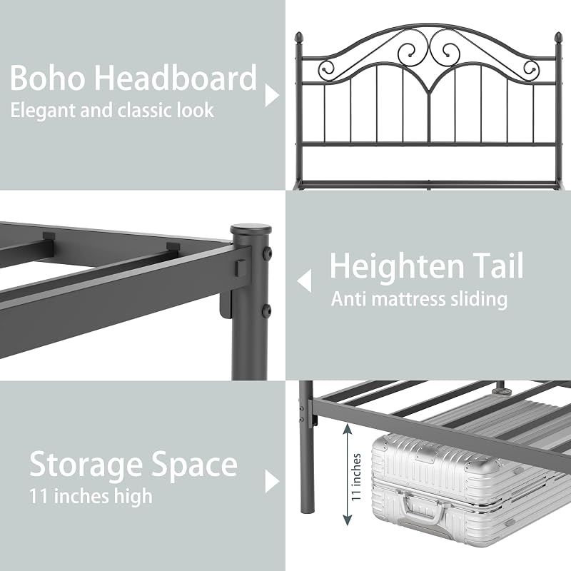 Elephance Full Size Metal Bed Frame with Vintage Headboard Platform Bed image 6