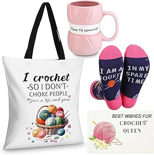 Geiserailie 4 Pcs Crochet Gifts Set for Crocheters Women Crochet Tote Bag Knitting Lovers Yarn Coffee Mug Novelty Socks and Greeting Card for Women Knitting Lovers Christmas Birthday Thank You Gifts
