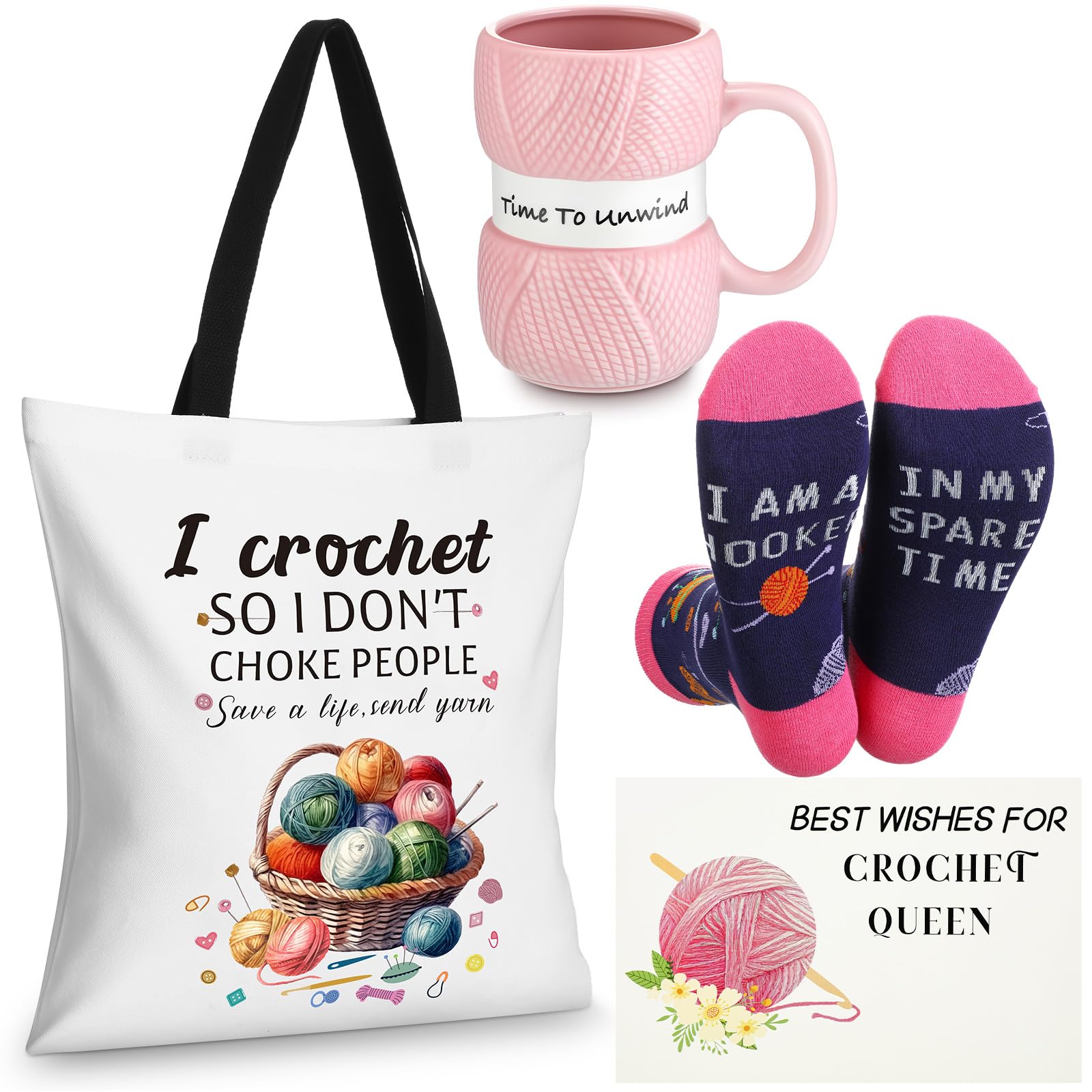 Geiserailie Lot de 4 cadeaux au crochet pour femme - Sac fourre-tout au crochet - Tasse à café - Chaussettes fantaisie et carte de vœux pour les amateurs de tricot - Cadeau de Noël, d'anniversaire, de