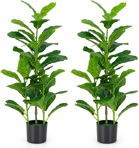 Paquete de 2 árboles artificiales de higuera de hoja de violín de 35.5 pulgadas, con 32 hojas, árboles falsos decorativos para interiores