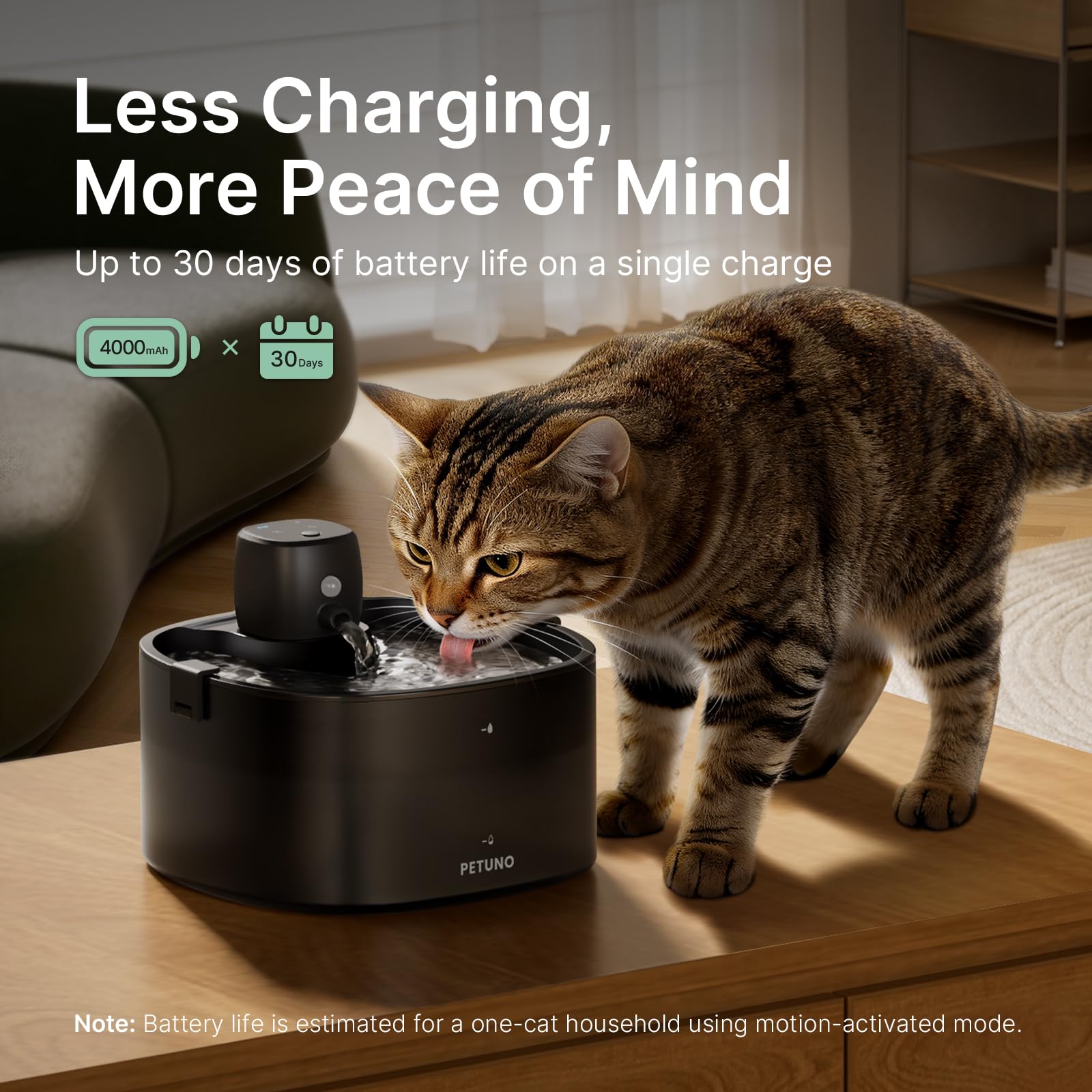 Fontaine à eau sans fil pour chat de 2,3 l avec batterie de 4000 mAh, avec détecteur de mouvement, pompe ultra silencieuse et couvercle verrouillable avec 6 filtres, noir