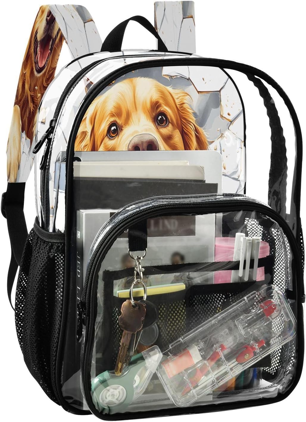 Golden Retriever Puppy Dog White Clear Backpack Heavy Duty See Through Transparent PVC BookBag for Kids Boy Girl Adult School Work