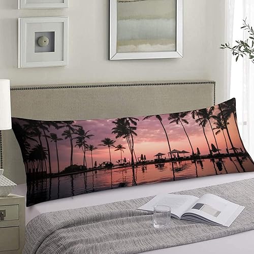 Miniatura 4 de Funda de almohada corporal con palmeras de puesta de sol y playa, decorativa, funda de almohada larga con diseño de palmeras, funda de almohada