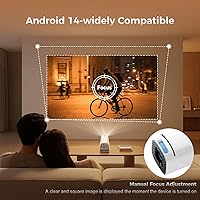 Vista 7 de Mini Projector with Wifi and Bluetooth, 4K Protable Smart Projector Build-in Android 14, 130" Screen Auto Keystone Movie Projector Compatible with