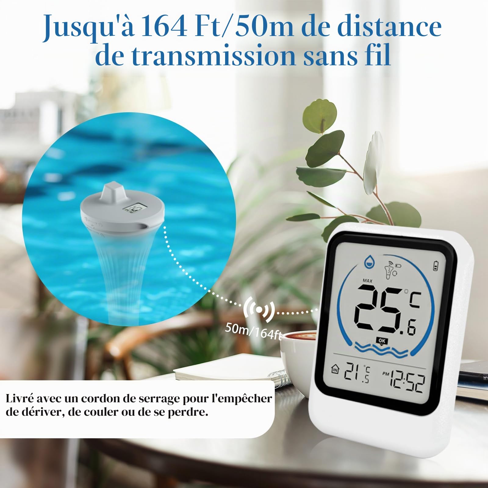 Thermometre Piscine, Thermomètre de Piscine Sans Fil étanche IP68, Thermomètre pour Piscine Numérique Flottant Sans Fil, Thermometre d'eau Intérieur Extérieur pour Aquariums, Baignoires, étangs