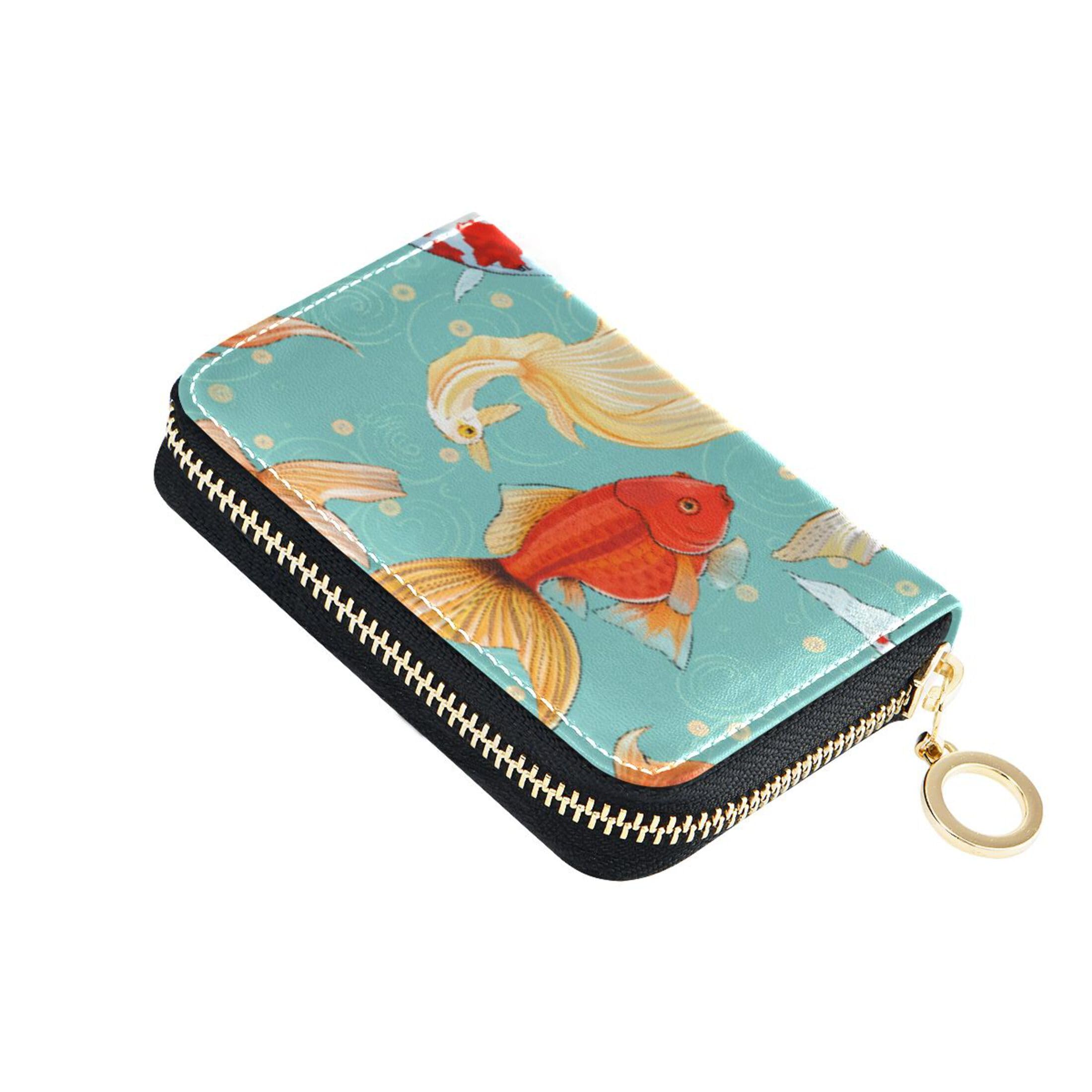 Burbuja Goldfishes Credit Card Holder for Women Men RFID Blocking, Leather Accordion Zipper Card Case Wallet 11 Slots