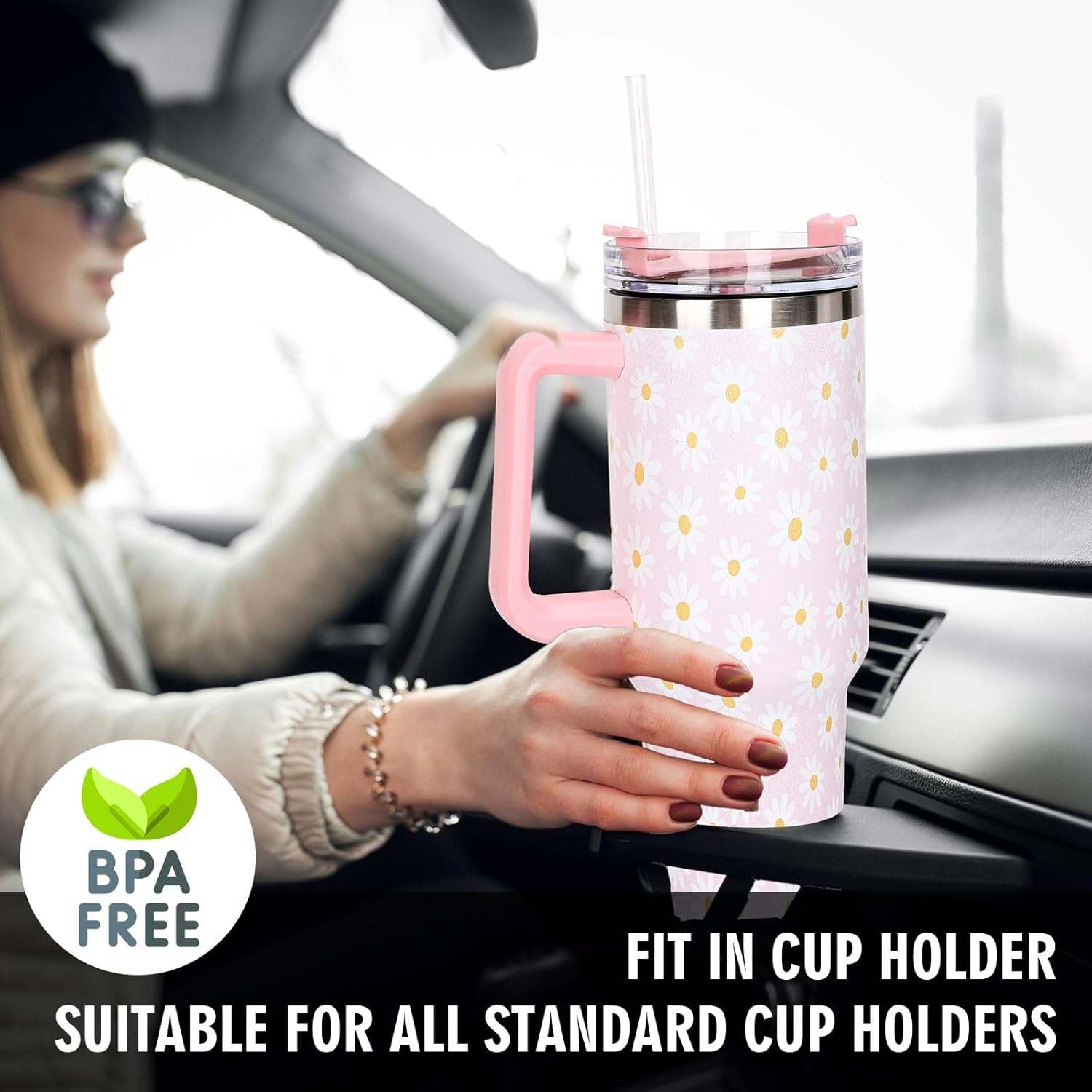 Whaline 40oz Pink Daisy Tumbler with Handle Straw and Lid Cute Flower Travel Coffee Tumbler Cup for Women Friend Holiday Birthday Gift - Image 6