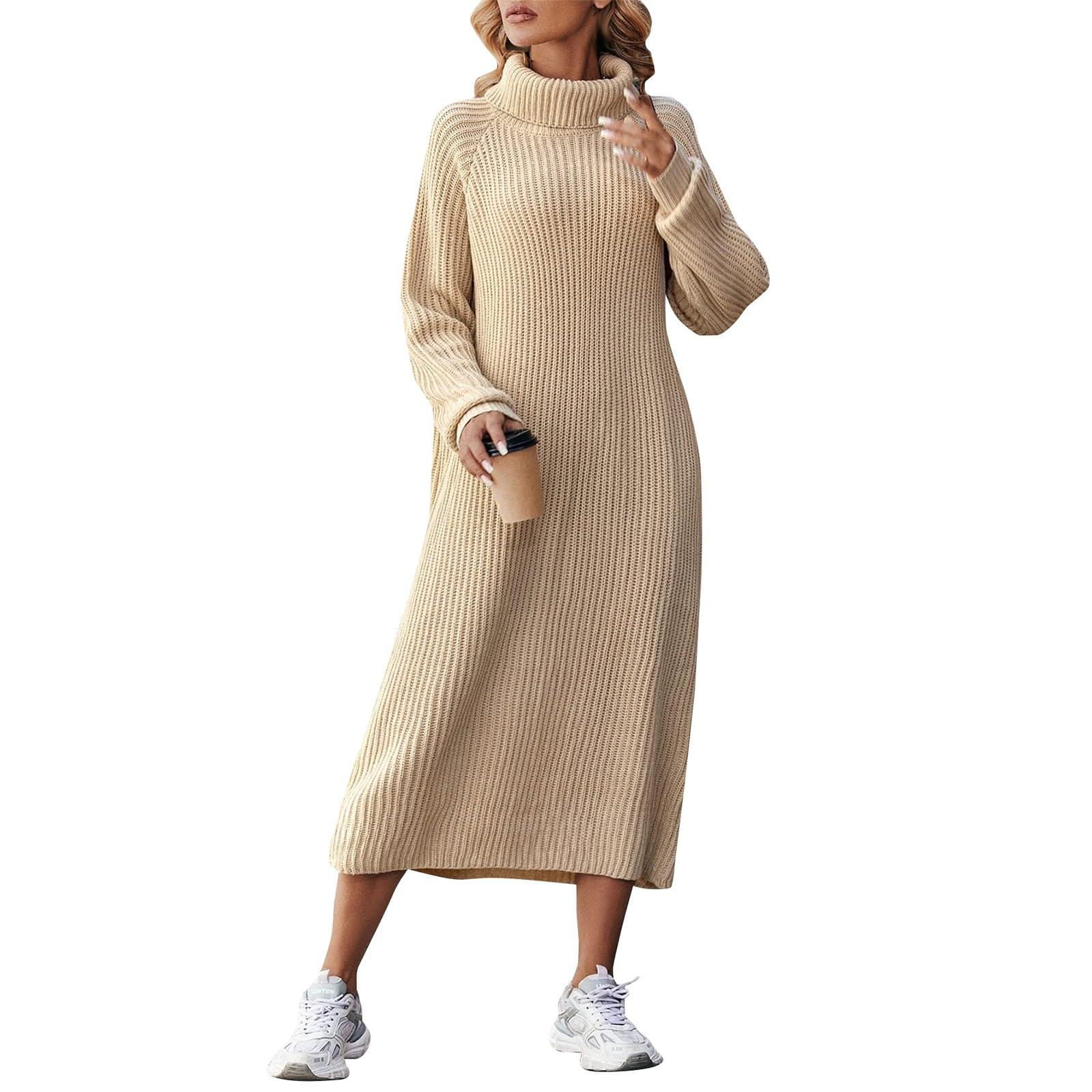 Strickkleid Damen Winter Lang Pulloverkleid Damen Rollkragen Langarm Winterkleid Elegant Gestreift Strickkleider Maxi Locker Pullikleid Alltag Winterkleider Frauen Grobstrick Dicke Maxikleid