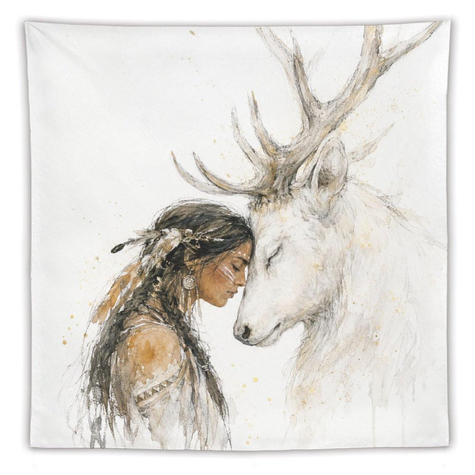 W7C8U2X3 Native Woman with White Deer Wall Tapestry, College Dorm