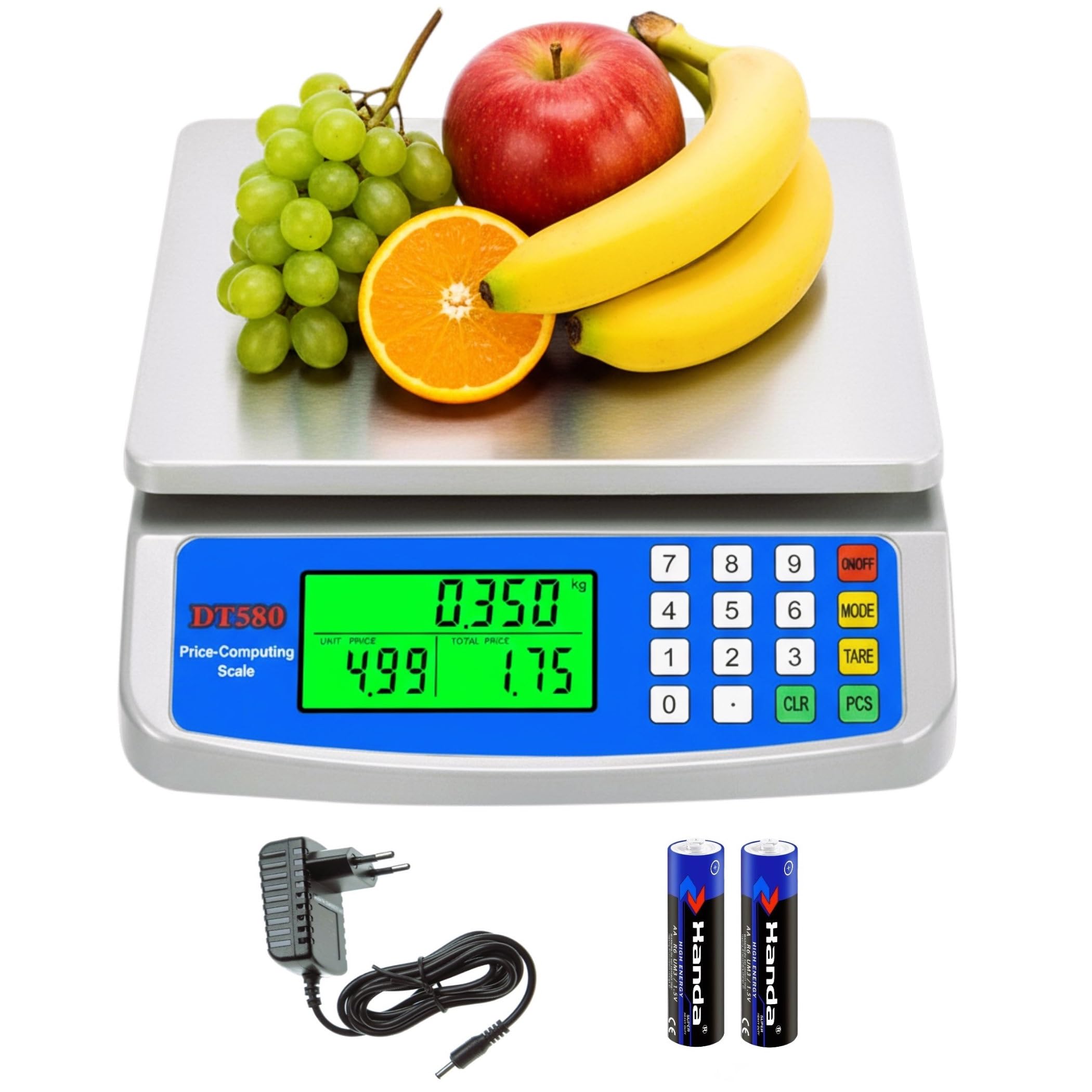 Bascula balanza Comercial para Pesar Fruta, verdura Peso 30kg Suma 2 en 1 bateria y corriente 220V inalambrica pantalla delantera LCD con PCS 5 Unidades G KG OZ LB ML Función Tara