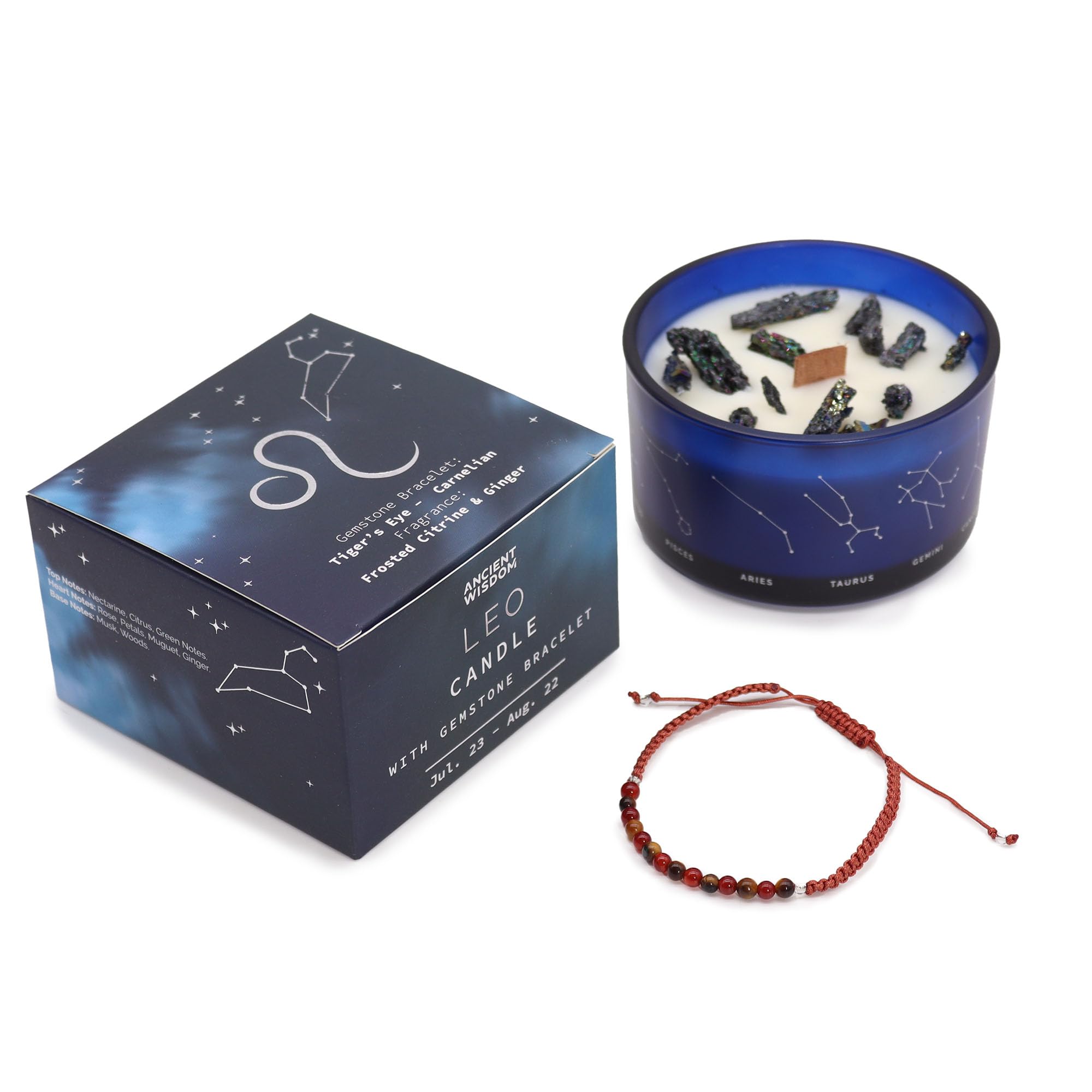 Blue Pirate Green Zodiac Crystal Candle With Gemstone Bracelet - Leo