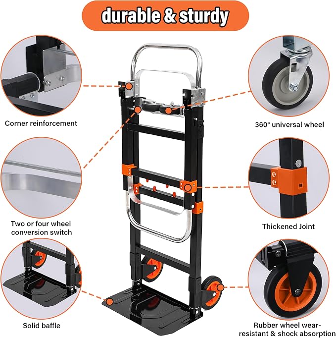 Carretilla plegable 3 en 1, capacidad 500 lbs, ruedas de goma, plegable miniatura 4
