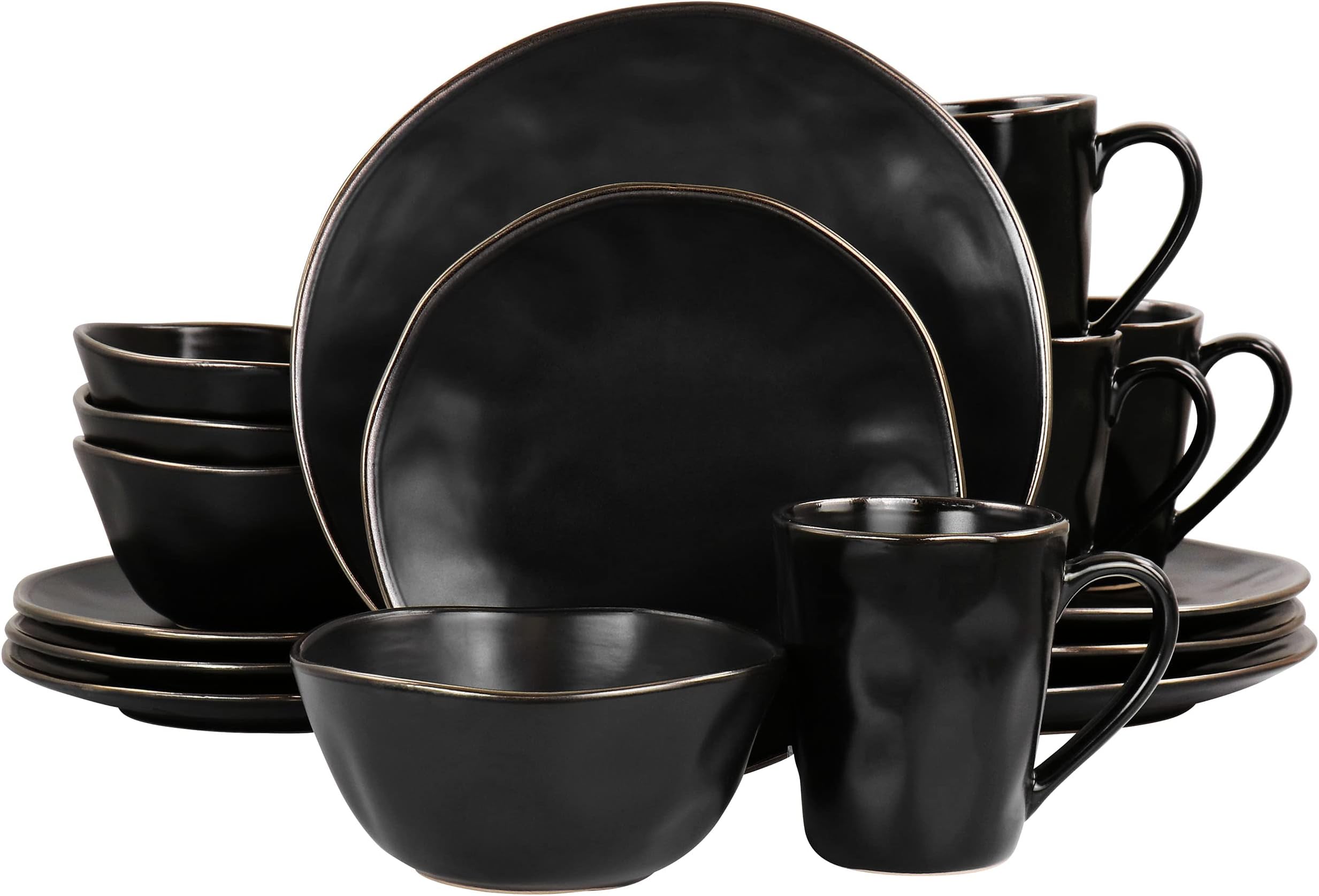 ElamaModern 16 Piece Stoneware Dinnerware Set in Matte Black with Gold Rim (ELM-MATTE)