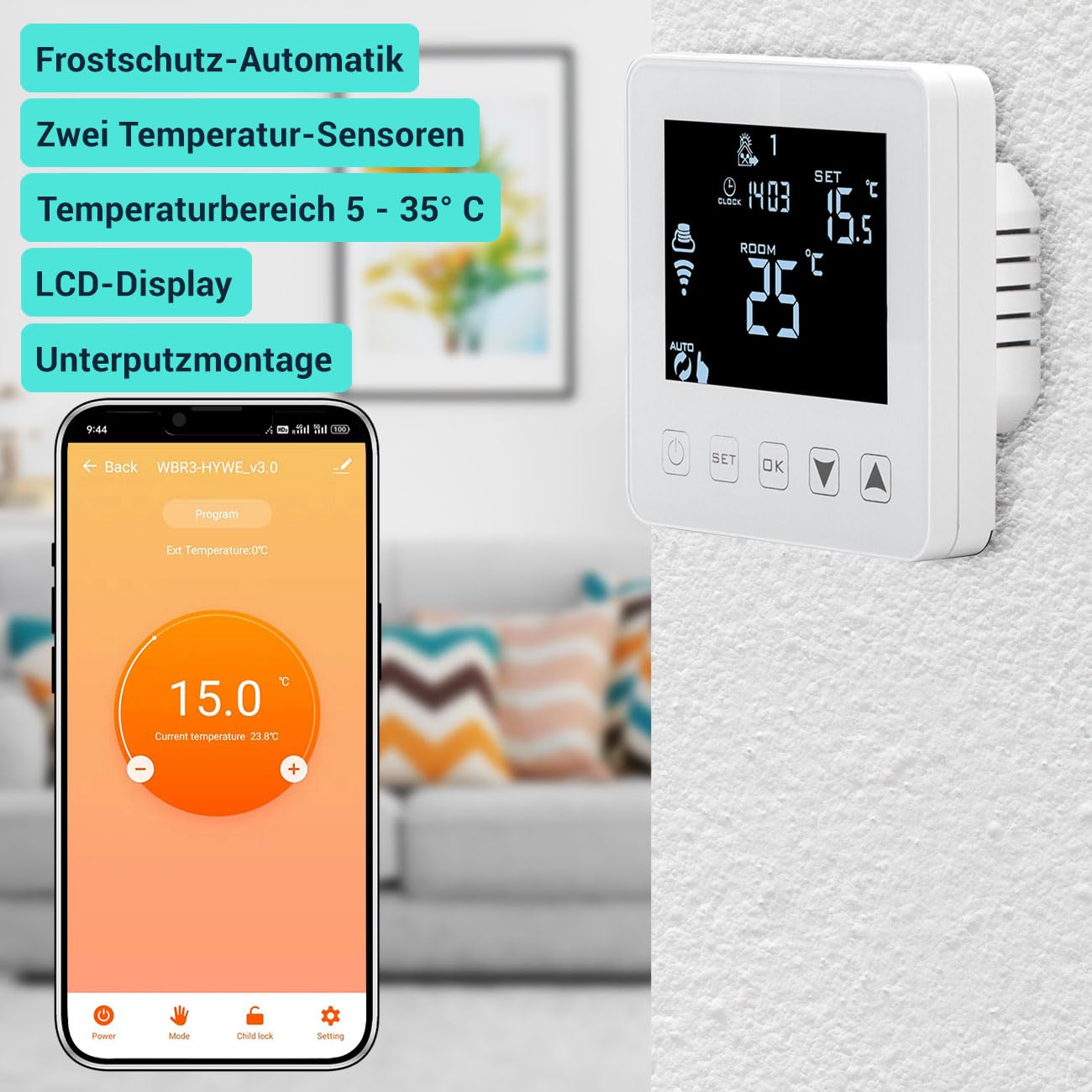Intelligentes WLAN-Thermostat Unterputz für Fussbodenheizung: App-, Sprach- & Touch-Steuerung, Siri/Alexa/GA – Komfortabel & energieeffizient