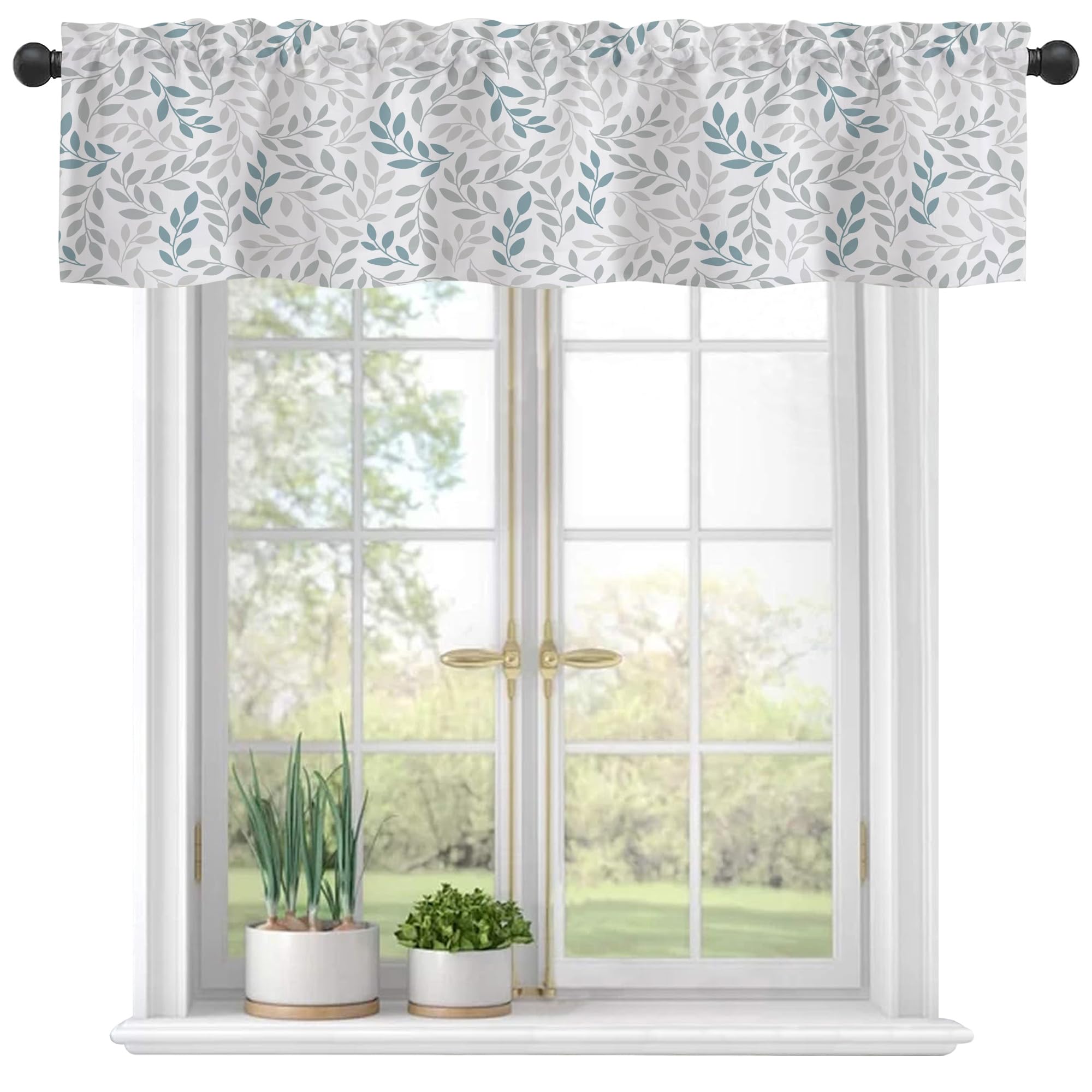 Valances Curtains for Windows, Gray Blue Branches Leaves Semi Sheer Curtain Valances,Rod Pocket Short Window Treatment Light Filtering Decor Valances