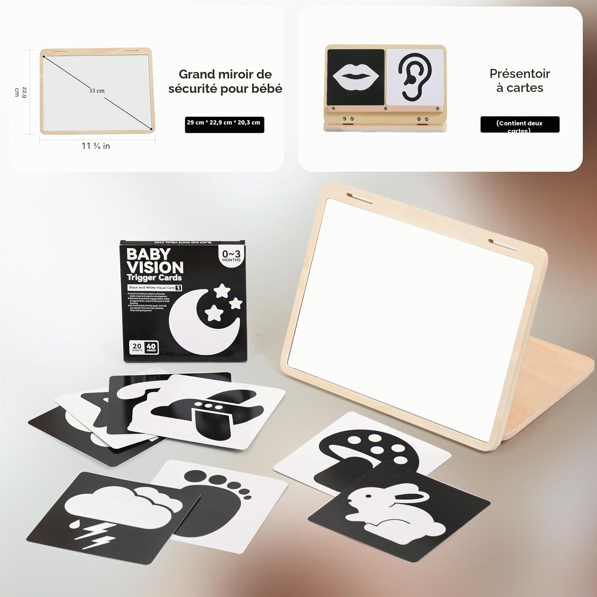 WOODEN TEETHER Jouet Montessori pour nouveau-né - Miroir pour bébé avec cartes visuelles noires et blanches - 0 à 12 mois - Cadeau de nouveau-né