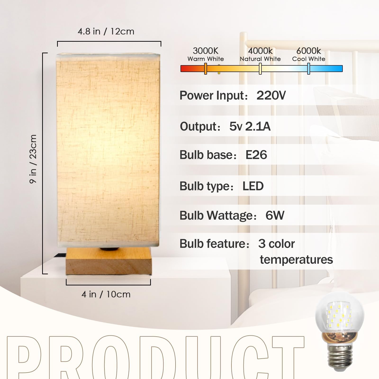 Small Bedside Lamps, 3 Color Temperature Table Lamp Minimalist Small Nightstand Bedroom Lamp with Square Fabric Shade - Image 4
