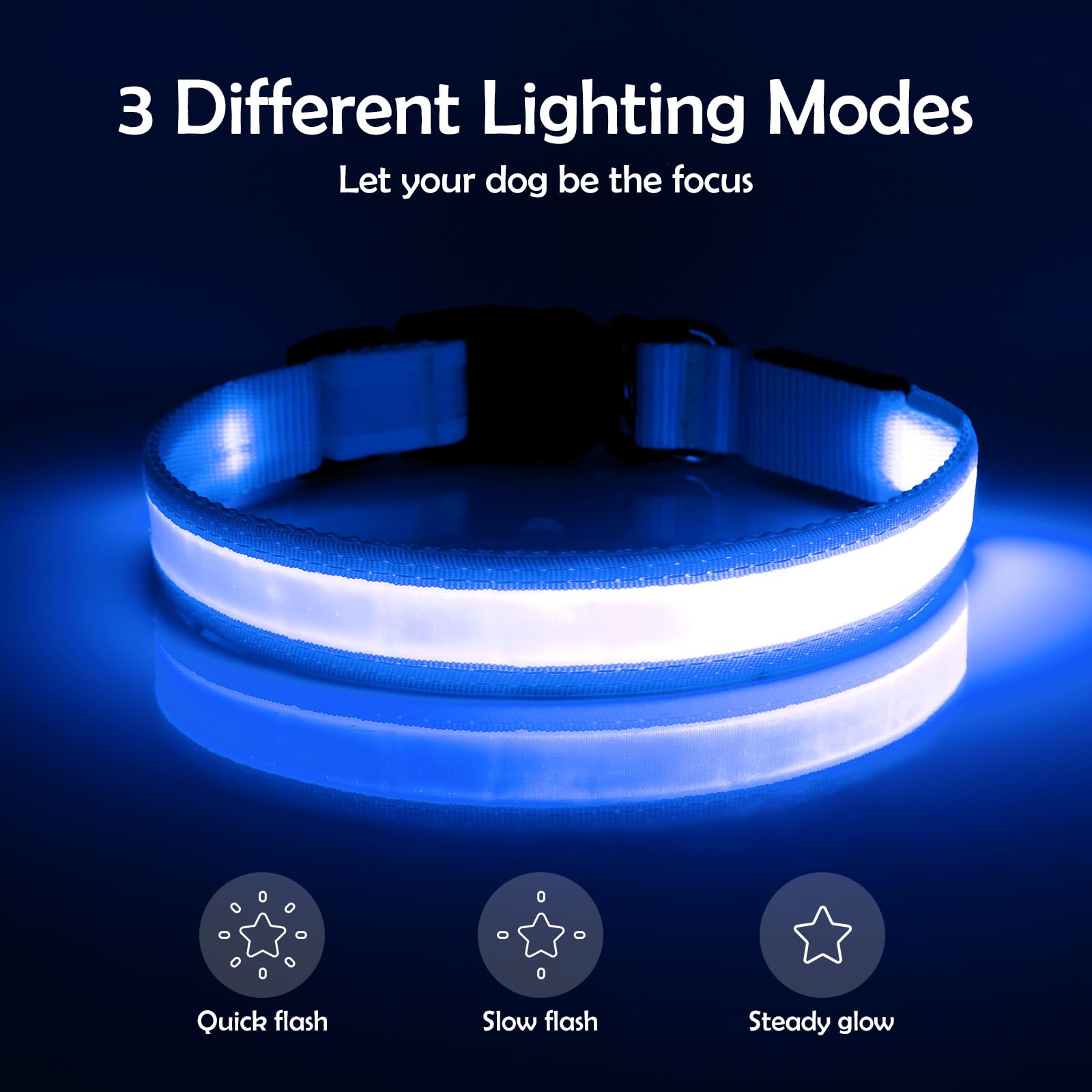 VIZPET Collare per cani a LED ricaricabile tramite USB, 100% impermeabile, regolabile, con luce di sicurezza super luminosa, collari luminosi per cani (blu, medio