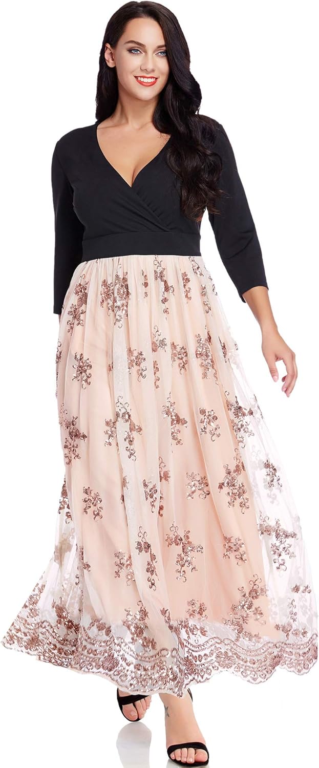 GRAPENT Women's Plus Size Sequin 3/4 Sleeves Evening Gown Party Long Maxi Dress