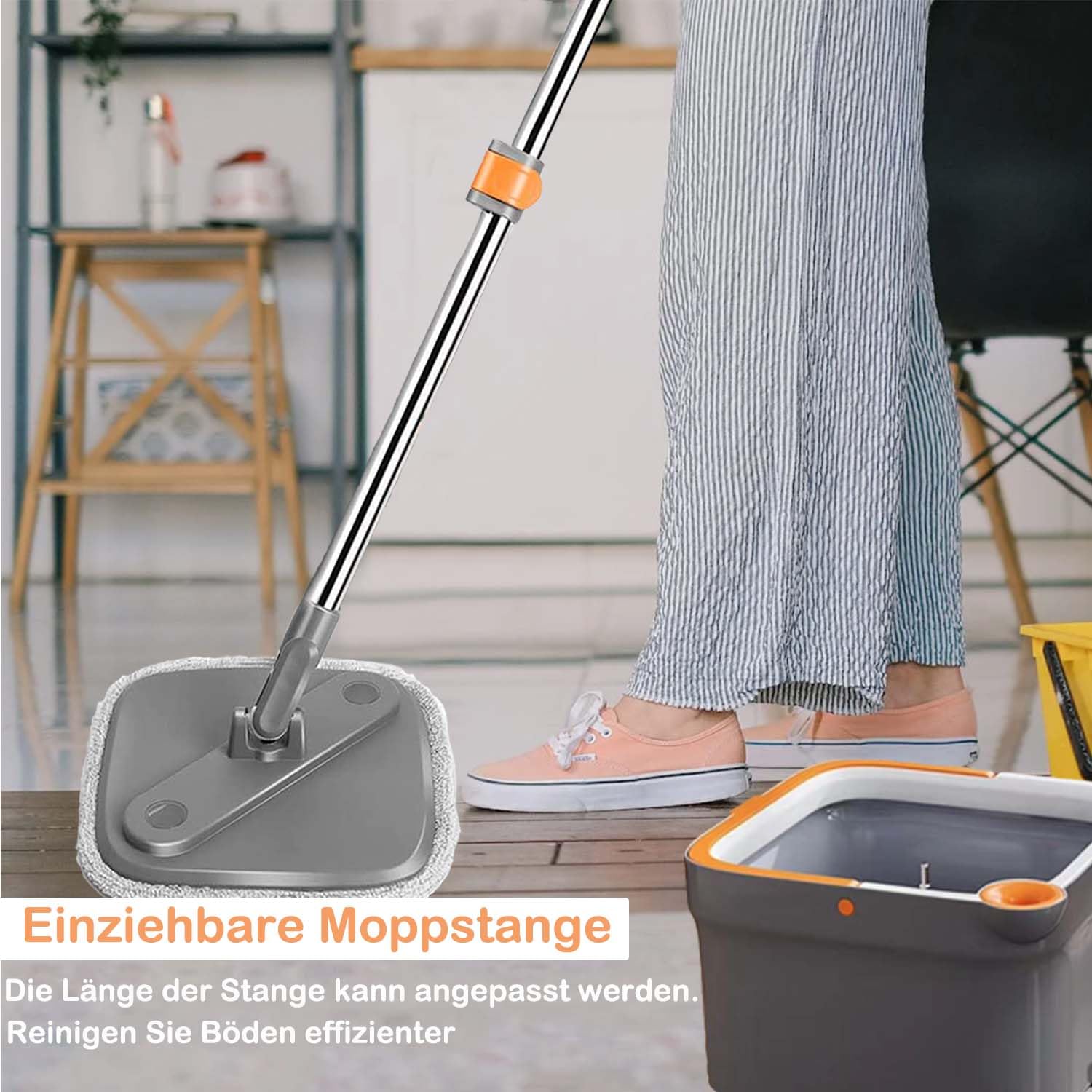 Bodenwischer Wischmopp Set Spin Mopp und Eimer Set mit 6 Mikrofaser-Mopppads mit Selbsttrennendem Schmutz und Frischwassersystem Selbstauswringendem um 360°Drehbarem Quadratischem Moppkopf