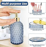 Vista 3 de Jenseits Glass Bathroom Accessory Set 4 Piece - Elegant Blue Diamond Cut Bathroom Set - Lotion Dispenser, Toothbrush Holder, Cotton Swab Jar, Tray