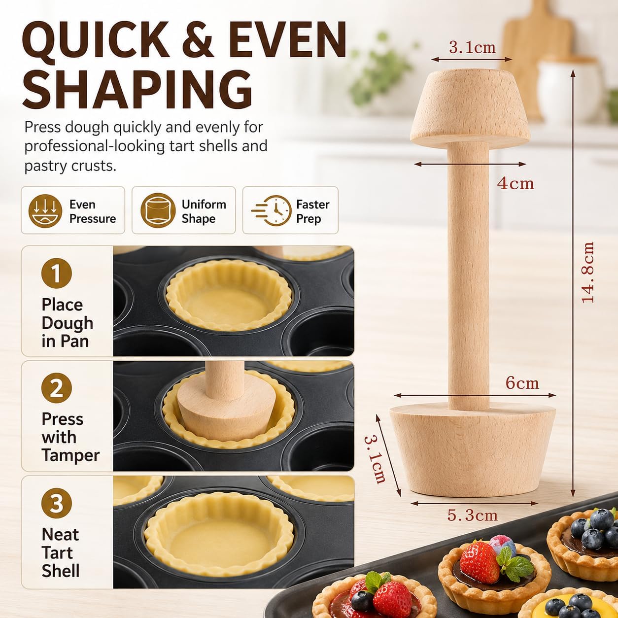 Wooden Tart Tamper, Double Side Pie Pastry Dough Tamper, Egg Tart Pan Mold DIY Cake Pastry Baking Tool for Mini Egg Tart, Cheesecakes, Pasta and Dessert Baking
