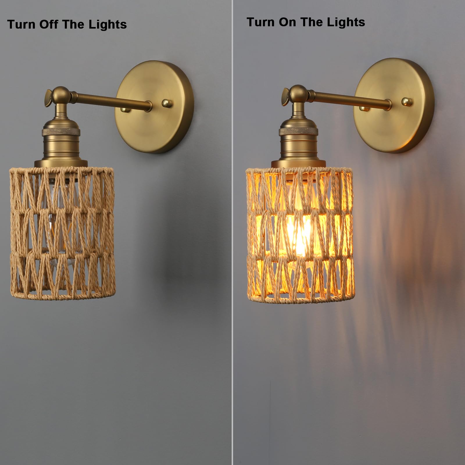 Yosoan Vintage Boho Wall Lights, Rattan Wall Sconces Lighting Bedroom Living Room Kitchen Entryway (Antique) - Image 2