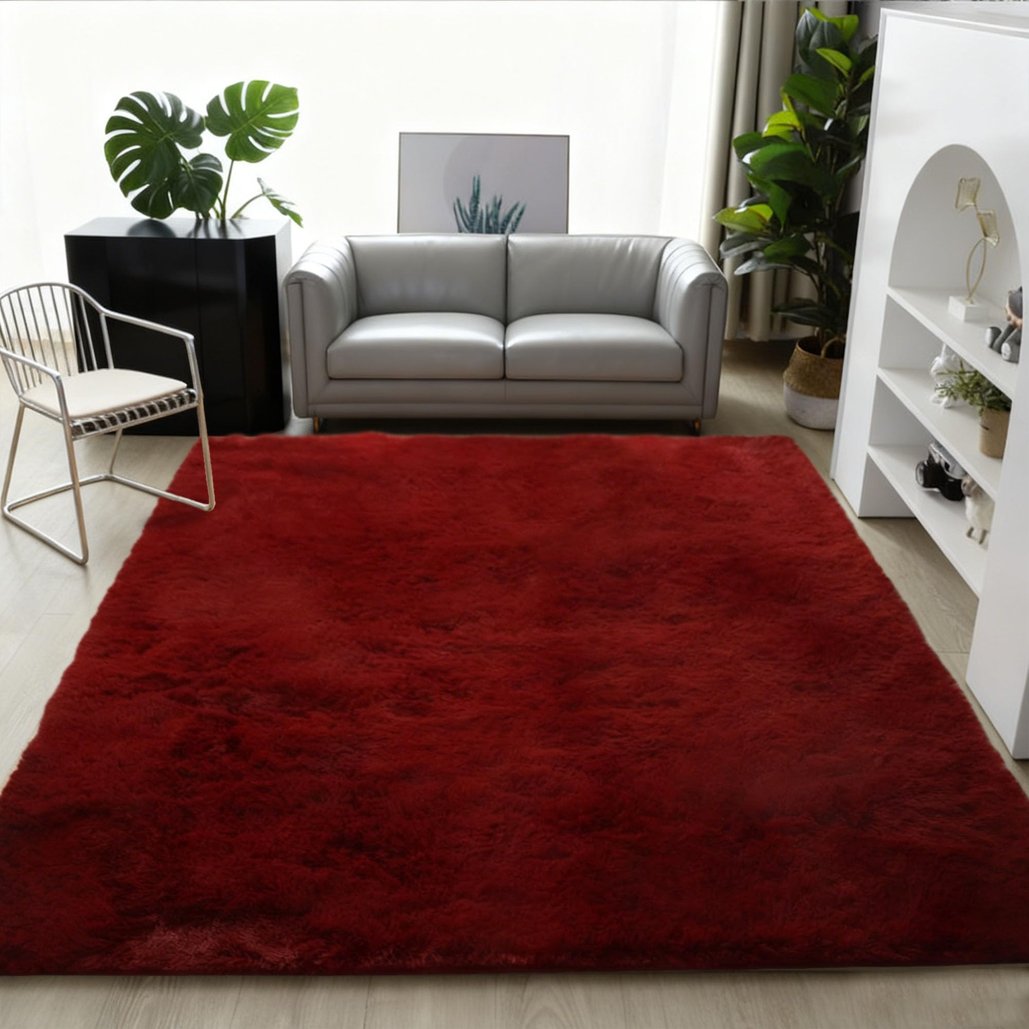 GUOYFEN Shaggy Rug 280 x 350 cm Non Slip Underside Fluffy Shaggy Rugs Easy to Clean, Many Different Sizes for Bedroom Bedside Living Room, Red Wine