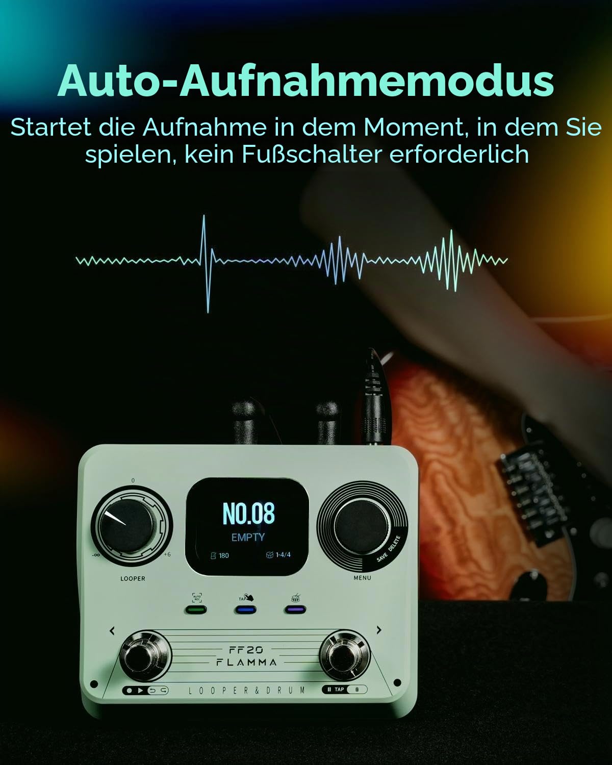 FLAMMA FF20 Looper-Pedal mit integrierter Drum-Maschine – 300 Min Stereo-Aufnahme, 220 Drum-Grooves, 100 Speicherplätze, Time-Stretch, Auto-Record, USB & Kopfhörerausgang – für Gitarre & Bass
