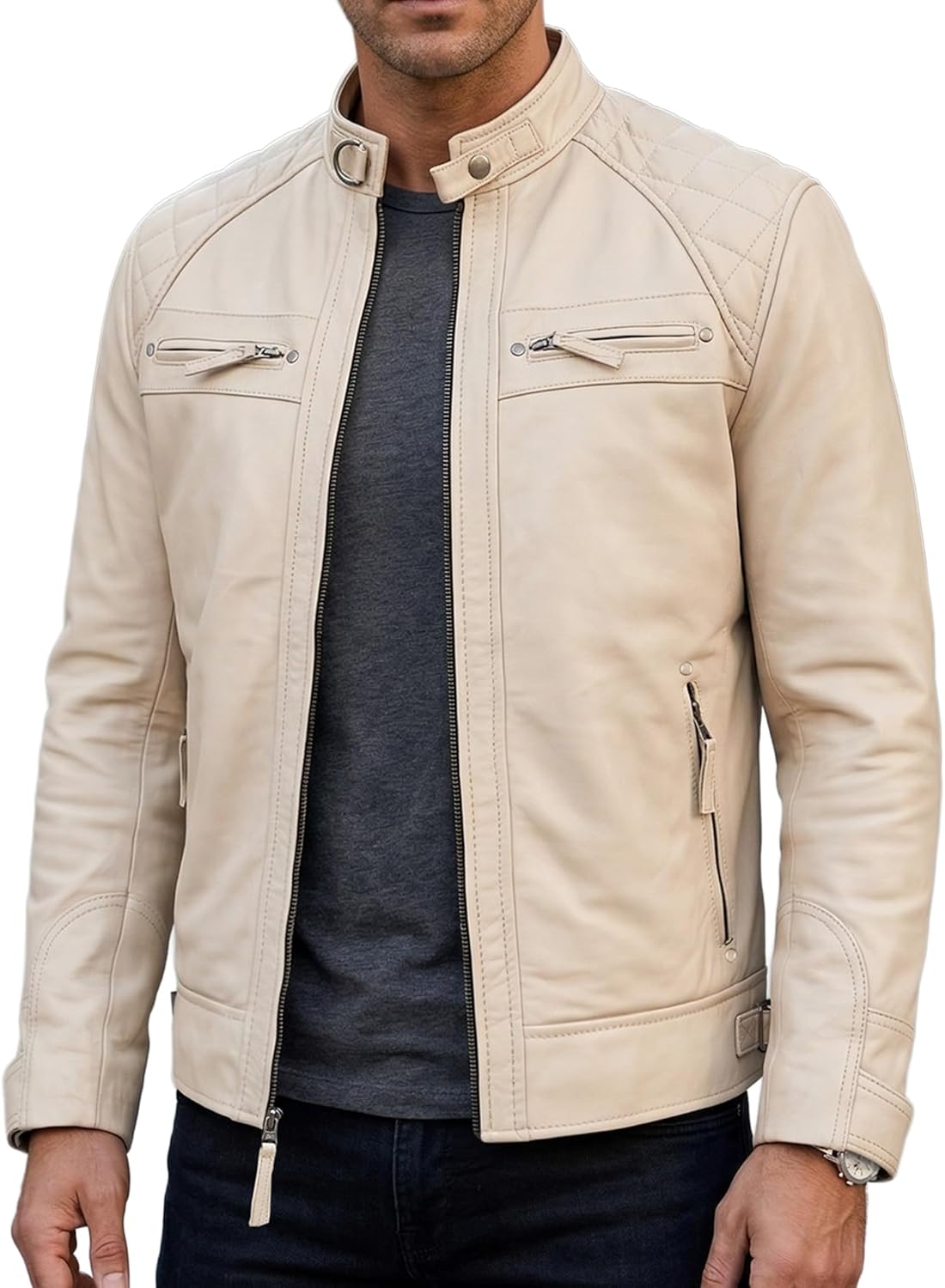 Leather Jacket Men - Real Lambskin Motorcycle Jacket with Snap Tab Collar, Adjustable Waist & Zippered Pockets