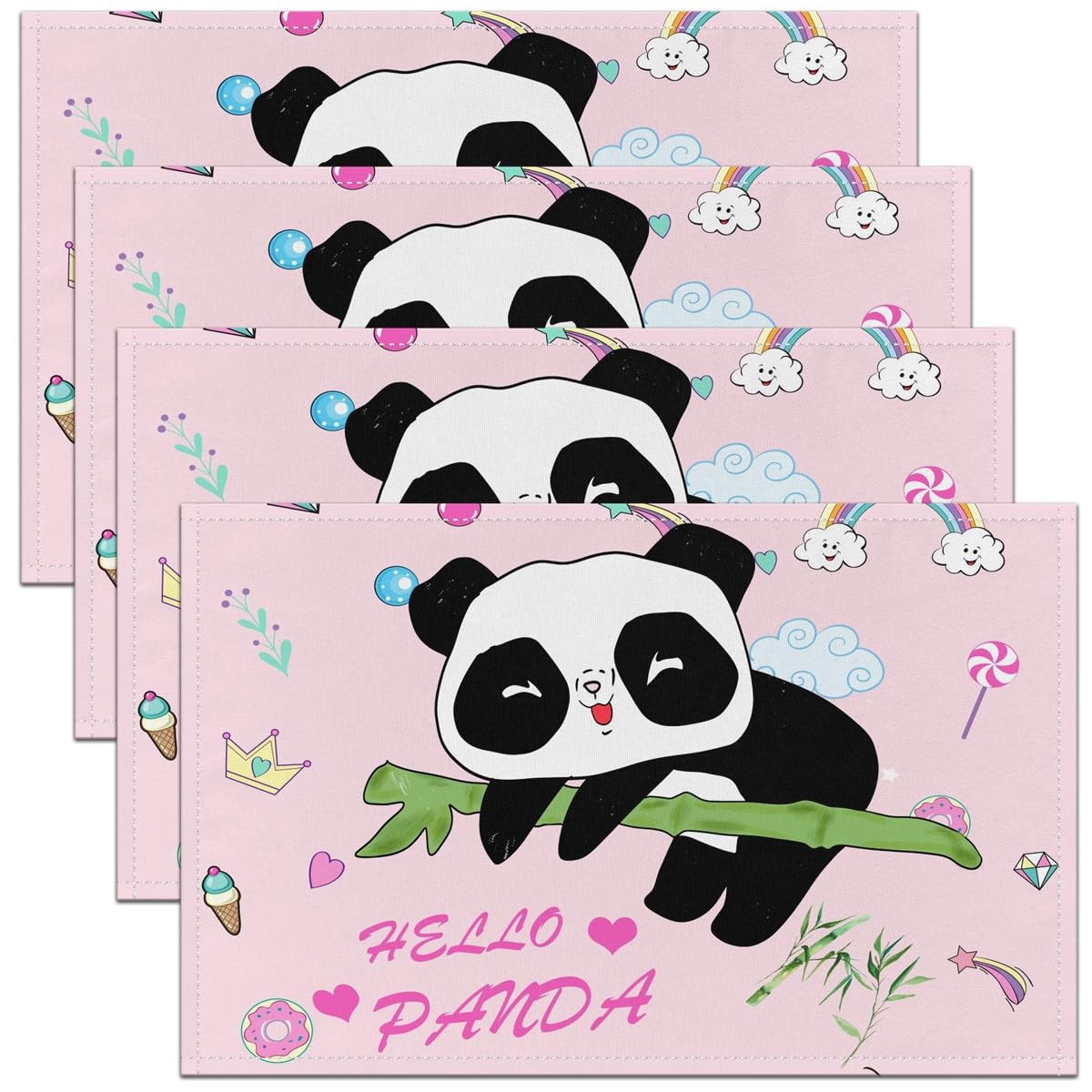 Homemissing Girls Multicoloured 11 Panda Table Mats Placemat Set Cartoon Panda Placemats Set Of 4 Kids Cute Rainbow Panda Kawaii Animal 45X30cm