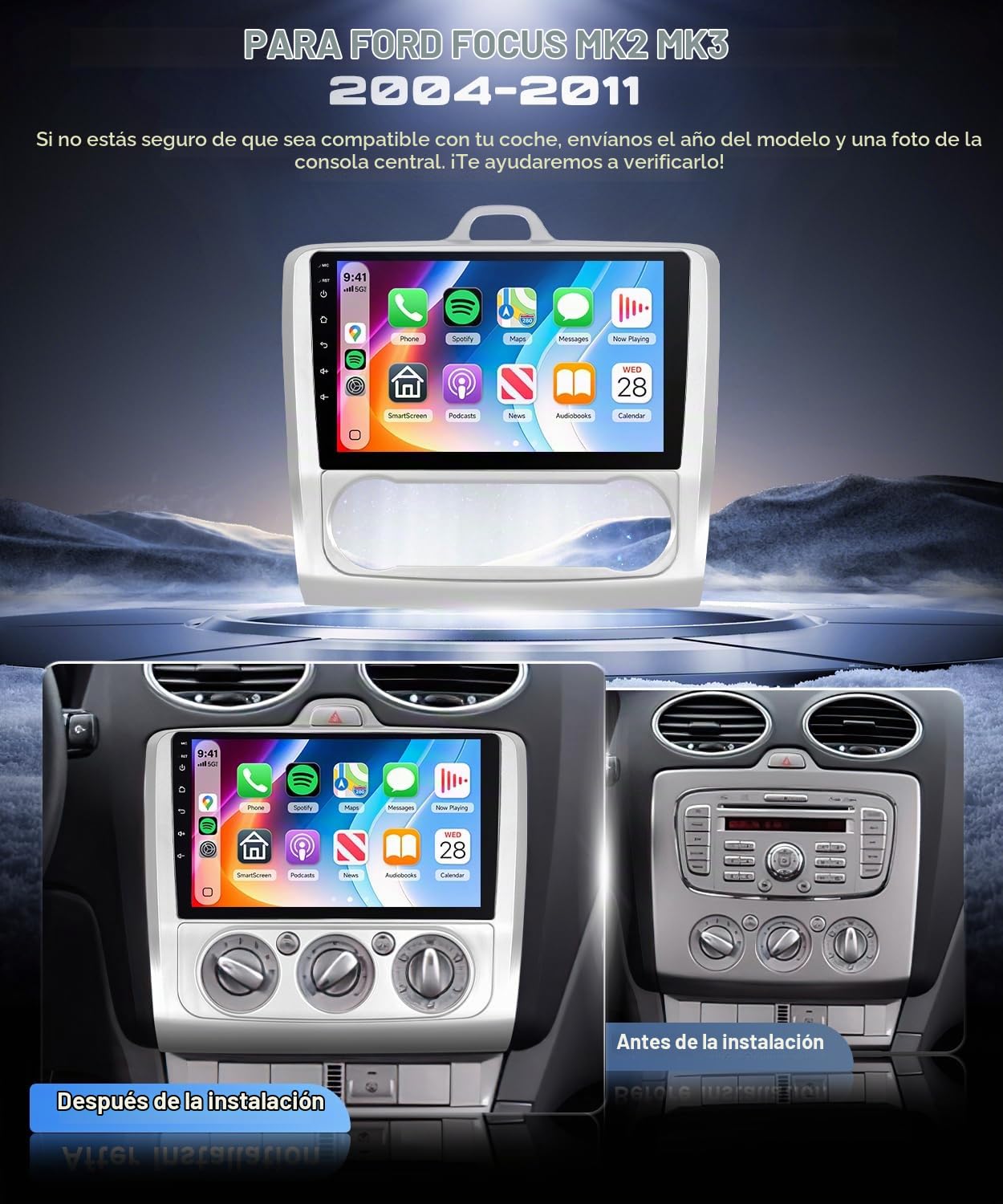 VECHTEL 8 Core 6G+128G Android 15 Radio de Coche para Ford Focus Mk2 II 2 2004-2011, 9'' IPS HD Pantalla Táctil con Carplay Android Auto Inalámbrico DSP GPS Wi-Fi USB Bluetooth FM RDS Cámara Trasera