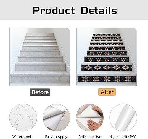 Miniatura 5 de PLIGREAT 15 tiras de calcomanías vintage para escaleras, despegar y pegar, calcomanías bohemias de 7.1 x 39 pulgadas, calcomanías de vinilo