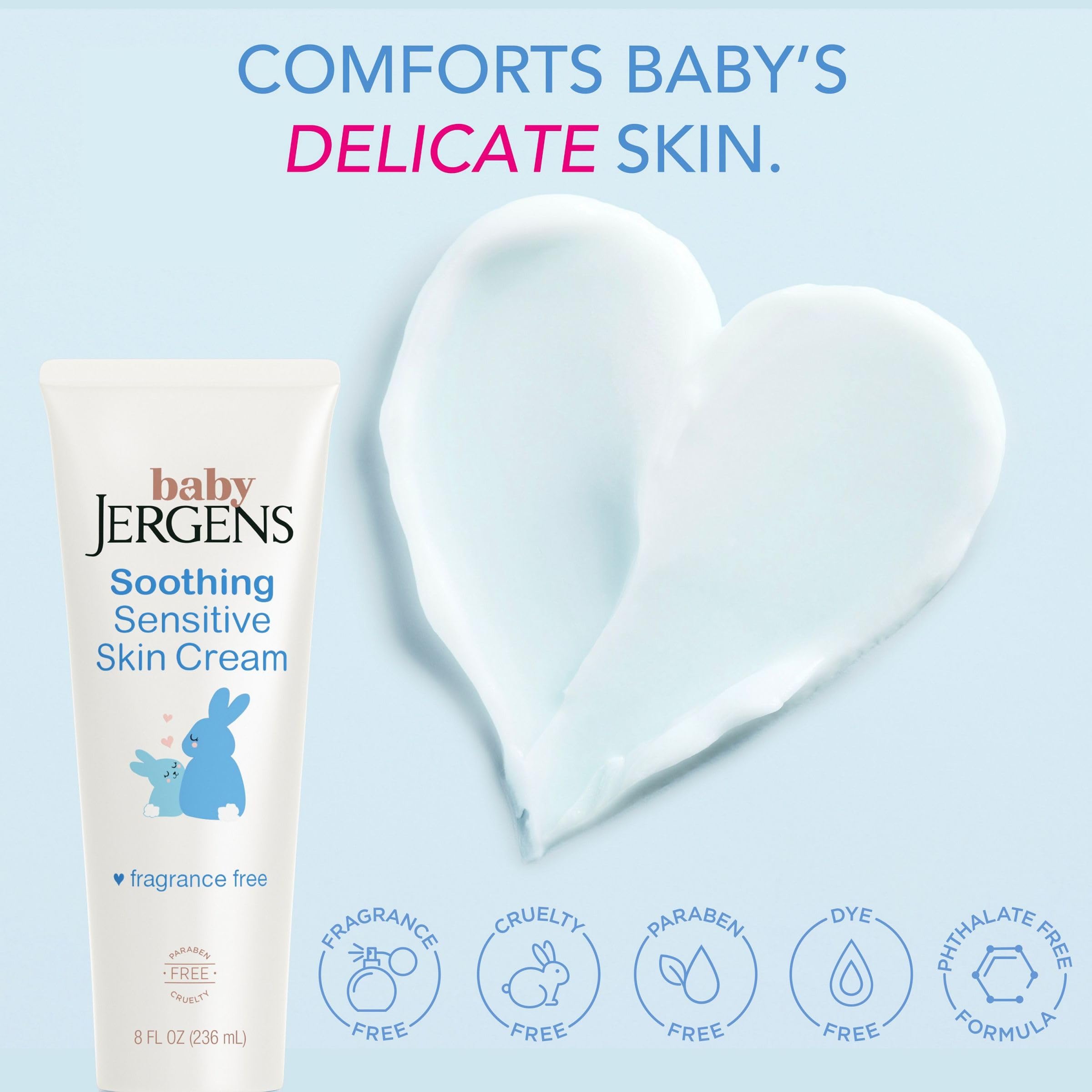 Jergens Baby Soothing Sensitive Skin Cream, Cream for Infant Dry Skin, Baby Cream for Dry Skin, Pediatrician-tested, Fragrance-free, 8 Fl Oz