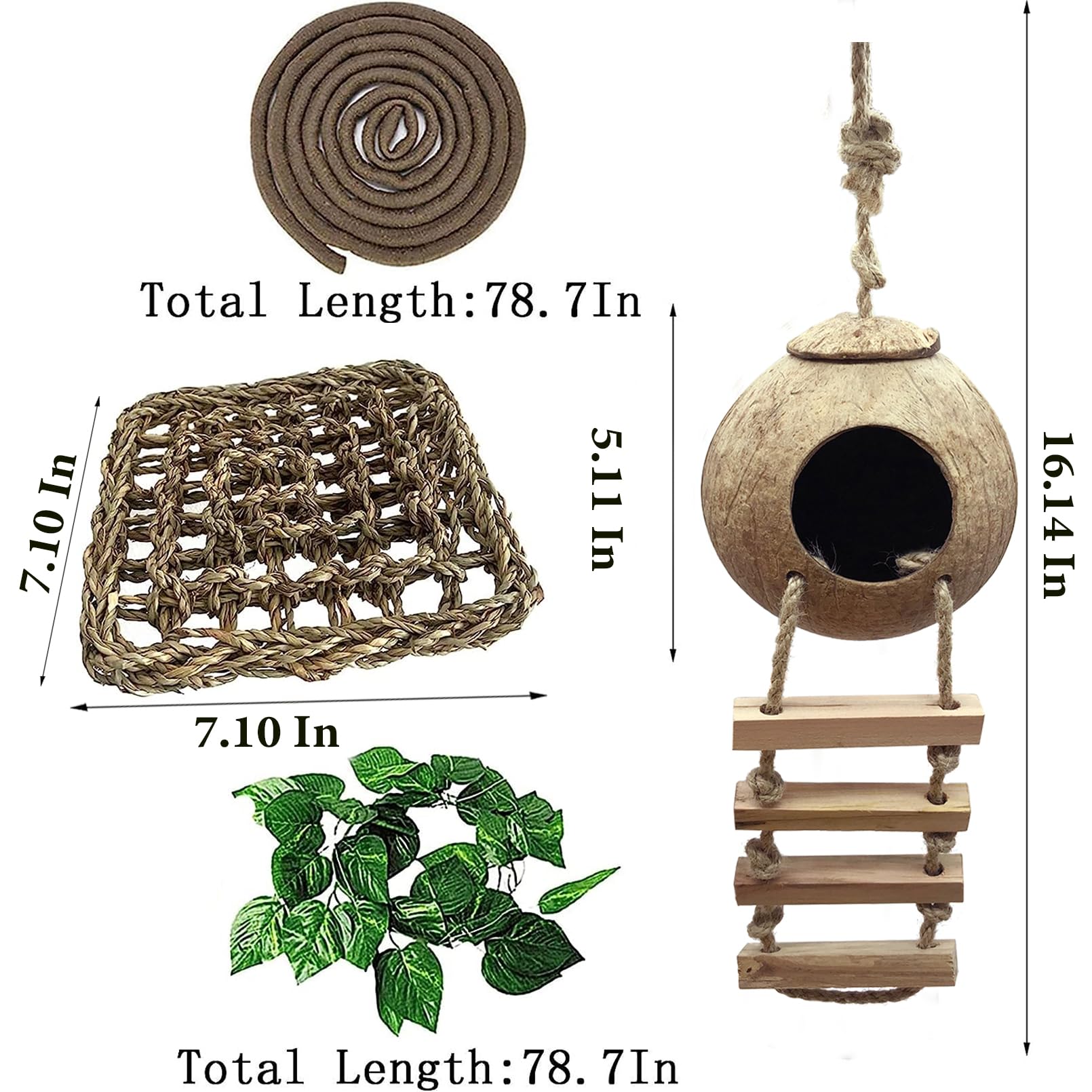 7 accessori per serbatoio di gechi crestati, capanna in cocco leopardo naturale con scala, piattaforma in plastica, per rettili, ponte, lucertola, amaca, piante da appendere, viti della giungla