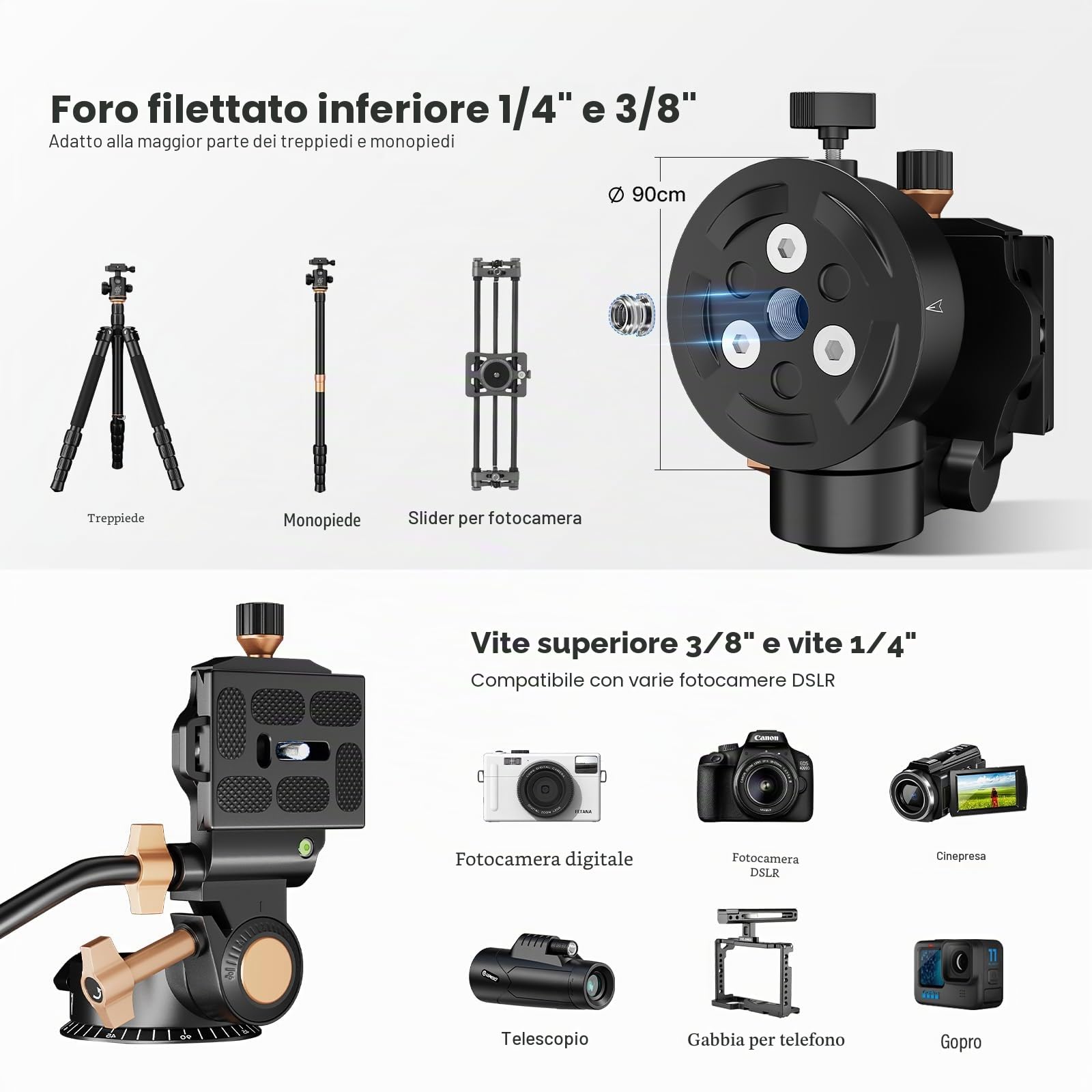 Soonpho Q-08S Testa Fluida Panoramica in Metallo di trascinamento del fluido con impugnatura estesa per videocamere DSLR, piastra scorrevole a vite da 1/4 3/8" Testa a treppiede rotante a 360 gradi