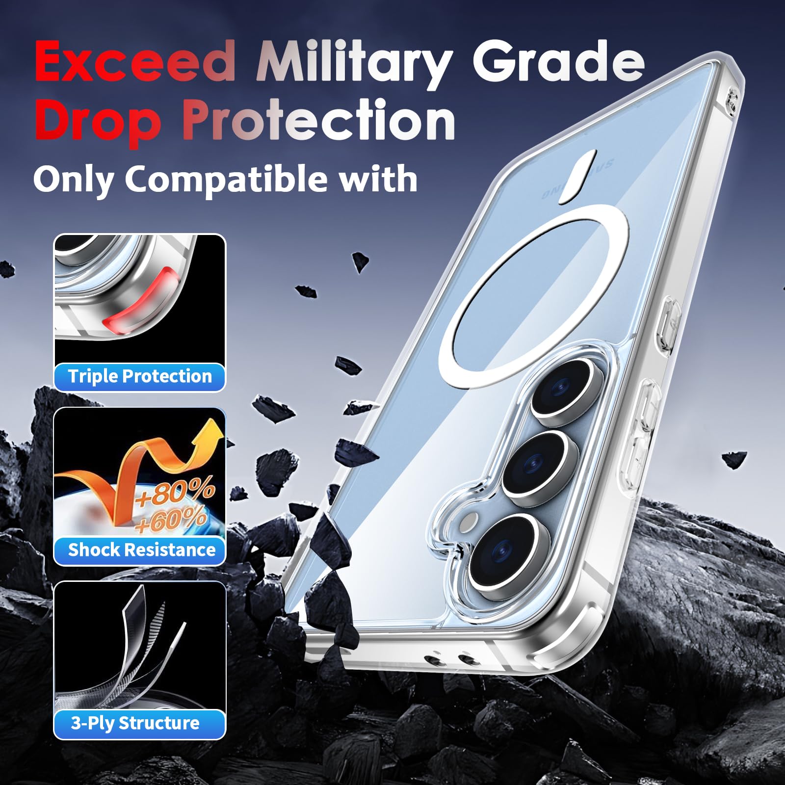 COPIKE Cover Magnetica per Samsung Galaxy S25 con 2 Pezzi Vetro Temperato e 2 Lente Fotocamera Protezione, Custodia Sottile Antiurto [Senza Ingiallimento] Retro Antigraffio, Trasparente