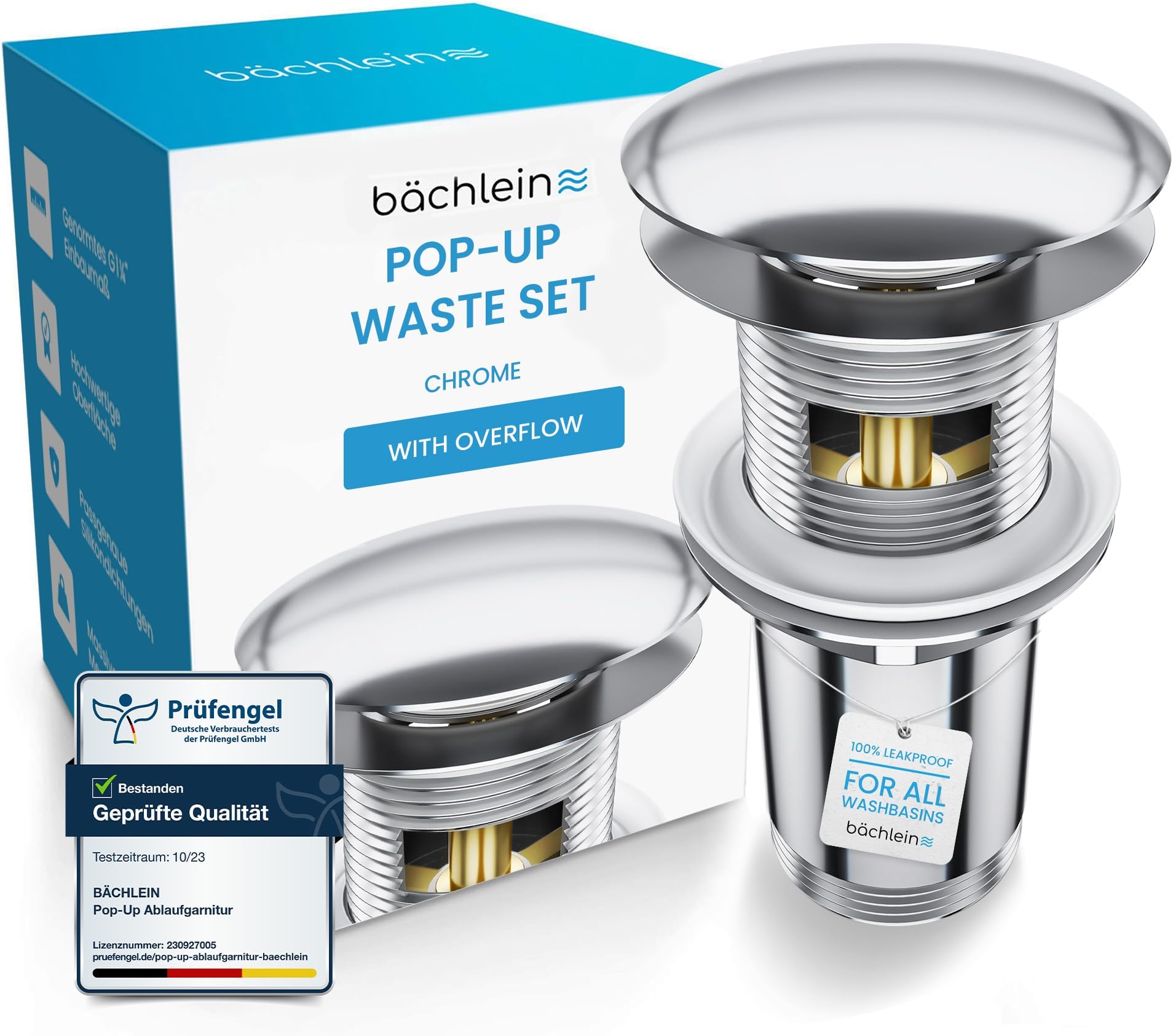 Bächlein Universal Drain Set with Overflow (Chrome) - Brass Drain Valve Drain Set - Installation with Instructions
