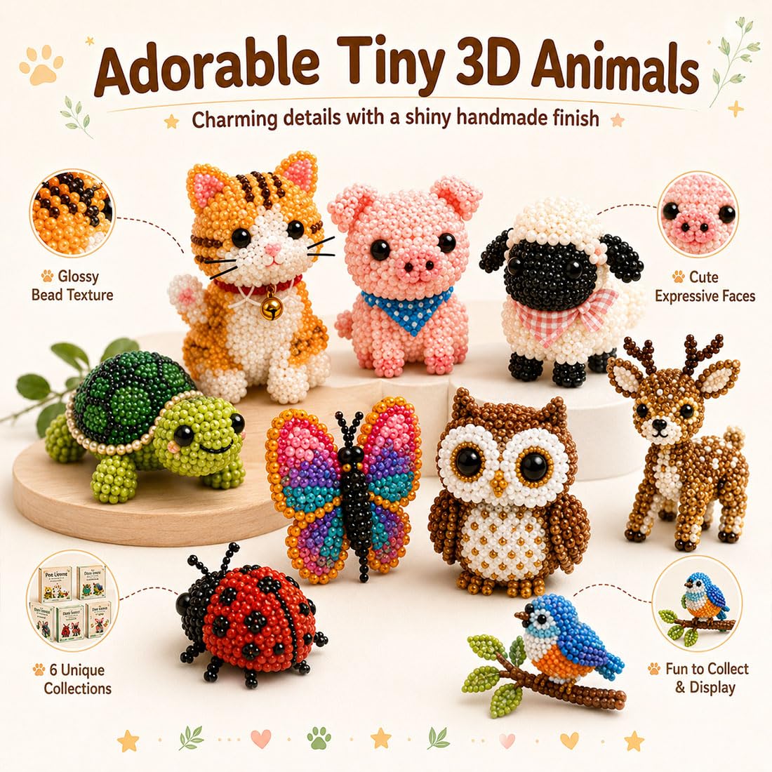Liocwocne Tiny 3D Beaded Animal DIY Kit, Cute Bird and Animals Bead Making Set with Instructions, Handmade Beadwork Embroidery Art Craft Kits, Creative Jewelry Gift for Adults Teens (E)