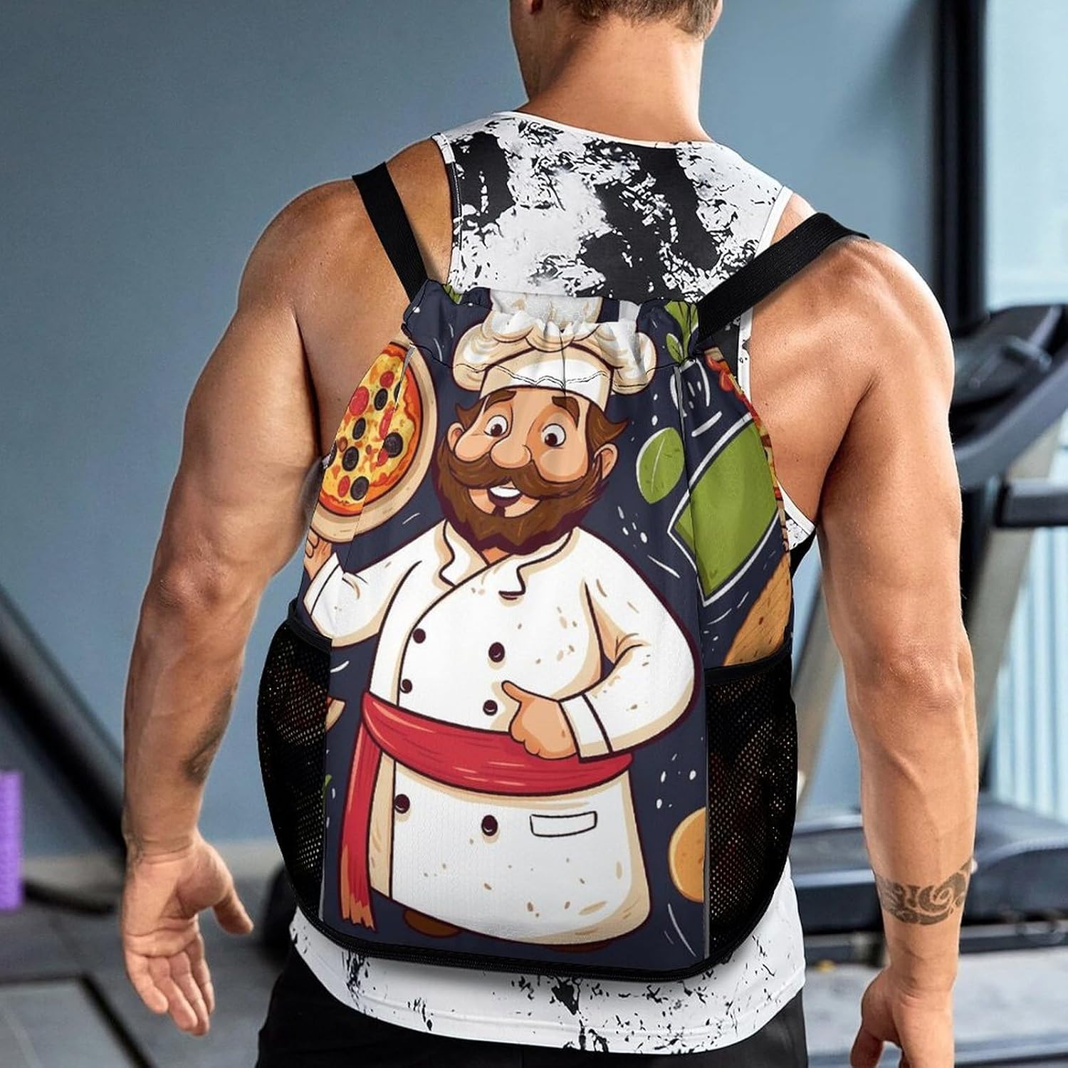 Small Gym Bag Chef Pizza Printed Drawstring Gym Bag for Men Lightweight Waterproof Drawstring Backpack for Women with Shoe Compartment for Travel Tourism Work And Fitness